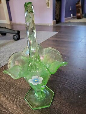 Fenton Signed Paneled Green Iridescent Glass Stretch Basket Handpainted Flowers
